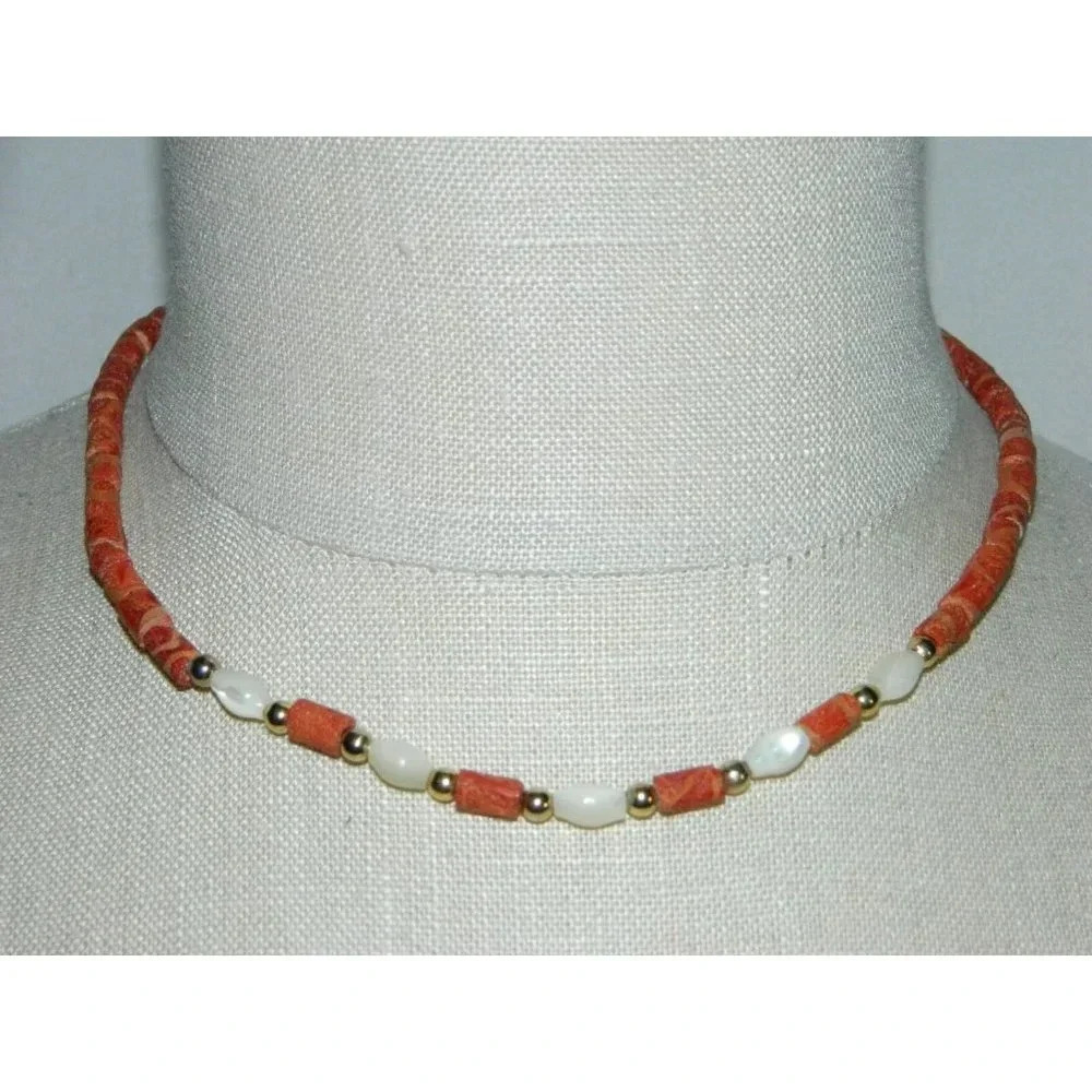 VTG Red Sponge Natural Coral Mother of Pearl Gold Tone Bead Choker Necklace